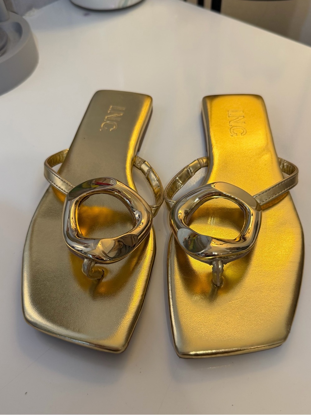 INC International Concepts Gold Metallic Toe-Ring Slide Sandals